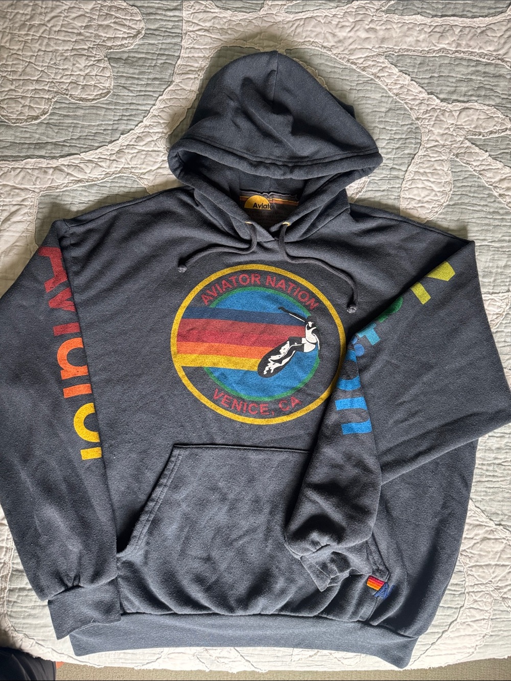 Aviator Nation Charcoal Hoodie with Rainbow Logo & Multicolor Sleeve Print